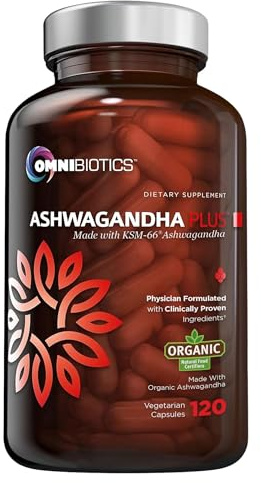 OmniBiotics Organic Ashwagandha Supplement – 1300mg Total Strength – 900mg Organic Root Powder & 400mg KSM-66 Extract – Stress Relief, Mood & Sleep Support – Non-GMO – 120 Vegan Capsules