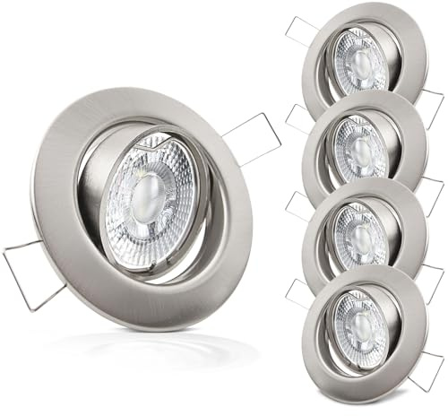 trendlights24 Decora LED Decken Einbaustrahler flach 35 mm 5W 230V 5er Set | Edelstahl gebürstet Optik, rund, LED Spots, Neutralweiß, 4000k, 400lm, austauschbar, Einbauleuchte, schwenkbar, 68 mm