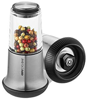 GEFU Salz- & Pfeffermühle X-Plosion - Keramik-Kegelmahlwerk mit 6x Effizienz - Stufenlose Mahlgradeinstellung von Pulverfein bis Extragrob - Aromadichter Edelstahlgewürzmühle, 10,7 cm