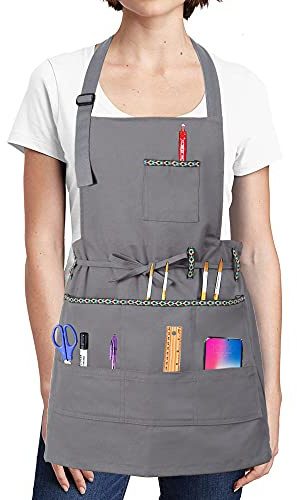 FreeNFond Adjustable Artist Apron with Pockets for Women Men Canvas Painting Aprons for Arts Gardening Utility or Work