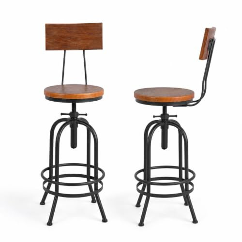 BOKKOLIK Set mit 2 industriellen Barhockern mit Rückenlehne, drehbarer Holzsitz, Barhocker, höhenverstellbar, 66–81,8 cm, Kücheninsel, Esszimmerstuhl