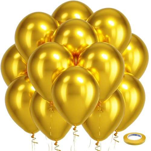 Bezente Gold Metallic Chrome Latex Balloons, 100 Pack 12 inch Gold Round Helium Balloons for Wedding Anniversary Graduation Golden Birthday Engagement Bachelorette Party Decorations 2026