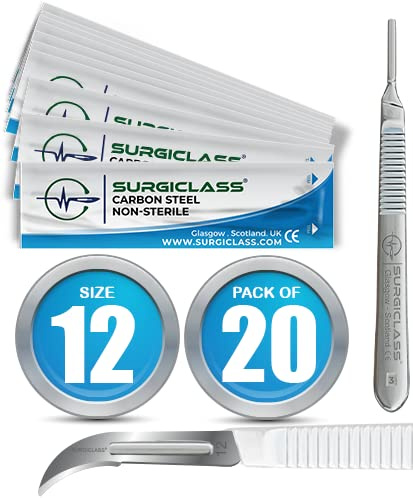 Scalpel Blades # 12 Carbon Steel Non Sterile Scalpel Surgical Blades Pack of 20 and Steel Handle for Wood Art, Surgical, Sculpting, Repairs, Lab Anatomy, Sign, Card Making Lab Training SURGIBL12-20