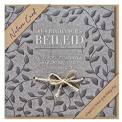 bsb - Trauerkarte mit liebevollem Motiv - Nature Card - Nachhaltige Beileidskarten mit Umschlag - Danksagungskarten Trauer - Karten zur Trauer 15,5 x 15,5 cm - Blätter Motiv mit Schleife
