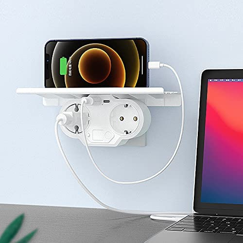 Enchufe USB de pared 4 en 1 con LED - Adaptador 1 Tipo C, 1 Tipo A, 2 Tomas CA, Luz cálida nocturna con sensor