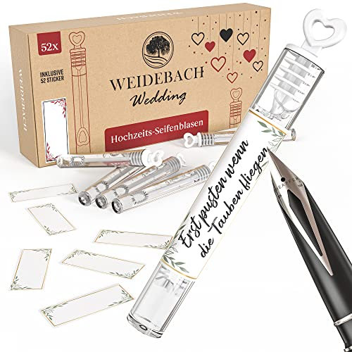 WEIDEBACH® Romantisches 52x Seifenblasen Set, perfekte Hochzeitsdeko inkl. 52 beschriftbare Sticker, Hochzeit Seifenblasen für unvergessliches Hochzeitsfoto, Herz Seifenblasen, Mini Seifenblasen.