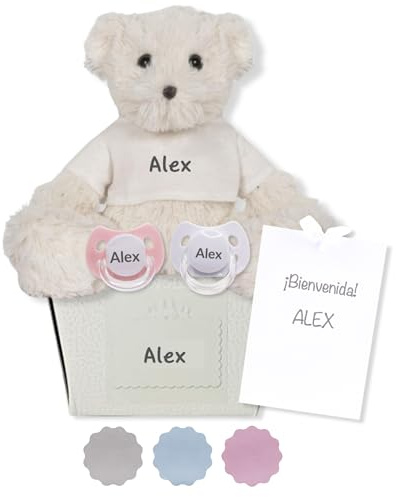 Schnuller für Babys, personalisierbar mit Namen, für Babys von 0-6 Monaten, BPA-frei, präsentiert in eleganter Vintage-Box (Rosa, 2 Schnuller + Bär) | BebeDeParis | Geschenk für Neugeborene, BPA-freies Silikon, inklusive Teddybär (Rosa). BebeDeParis