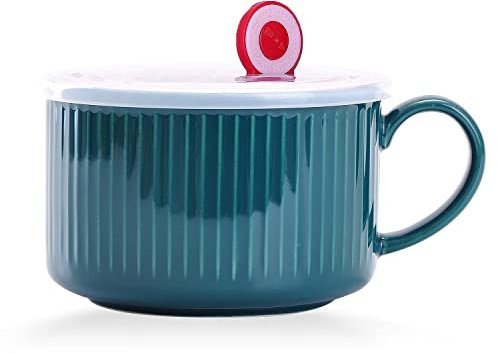 WHJY 30oz Ceramic Bowl with Lid and Handle for Soup and Instant Noodles Soup Mug, Modern Simple Style, with Heat Preservation Handle - Dark green