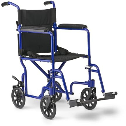 Medline Aluminum Transport Chair, 17 inch Blue - Lightweight, Foldable, Travel-Friendly Wheelchair - Supports up to 300 lbs - Ideal for Medical Patients