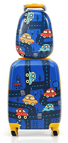 COSTWAY 2tlg Kinderkoffer + Rucksack, Kindertrolley aus Kunststoff, Kindergepäck, Kinder Kofferset Handgepäck Reisegepäck Hartschalenkoffer für Jungen und Mädchen (Verkehrsmittel, 12+18)