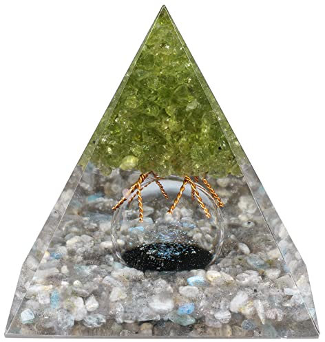 KYEYGWO Labradorit Positive Energie Pyramiden Edelstein mit Kristall Kugel, Stein Baum des Lebens Pyramide Heilung Kristallpyramide Desktop Ornament für Haus Decor Meditation Glücksbringer
