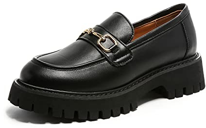 MACNMEUU Platform Loafers for Women Chunky Heel Lug Sole Loafers Slip ons Round Toe Black,Size 8.5