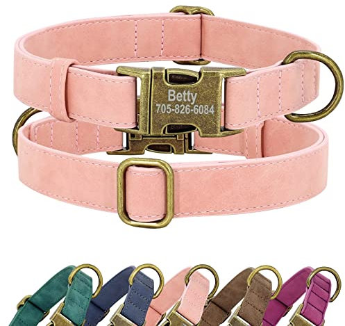 Didog Personalisiertes Leder-Hundehalsband, weiches langlebiges individuelles verstellbares Hundehalsband mit Namensschild Schnellverschluss-Metallschnalle für kleine, mittelgroße große Hunde, Rosa, L