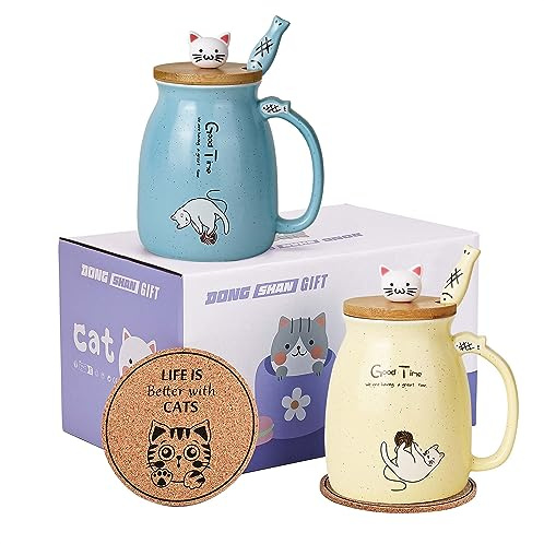 DONGSHANGIFT Katze Becher 2er Set Niedliche Teetasse Kaffeebecher aus Keramik mit Kawaii-Deckel für Katzenliebhaber 500ml Weihnachten Geburtstag Geschenk Becher(blau, gelb)