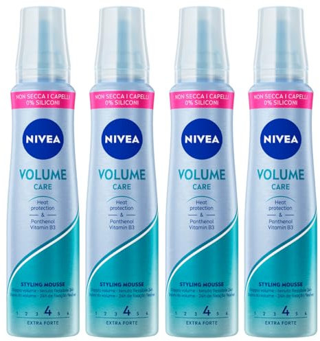 Nivea Styling Mousse Volume Spuma Capelli Raddoppia Volume della Chioma Volumizzante Fissante a Lunga Tenuta Senza Appiccicare - 4 Flaconi da 150ml