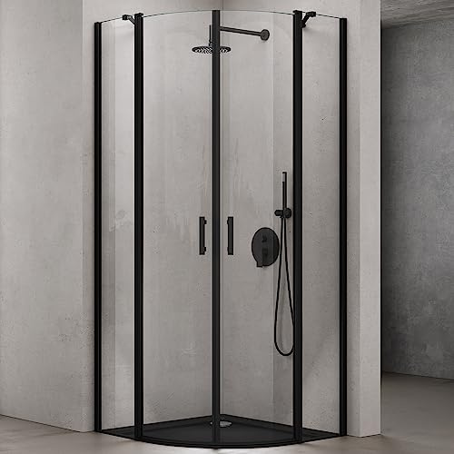doporro Viertelkreis Duschkabine 80x80x195cm inkl. Schwarz Duschtasse | Duschabtrennung mit zwei Drehtüren | 6mm ESG-Sicherheitsglas inkl. Nano-Beschichtung | Aluminium in Schwarz | Ravenna52K