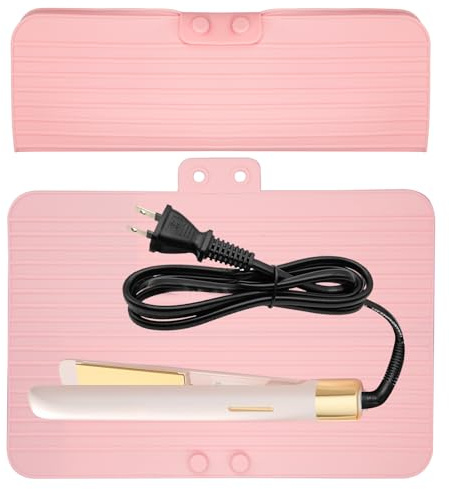 Bolsa de viaje 2 en 1 resistente al calor para herramientas para el cabello, estuche de viaje para rizador para plancha plana, soporte para tapete de rizador de silicona, tapete térmico (rosa)