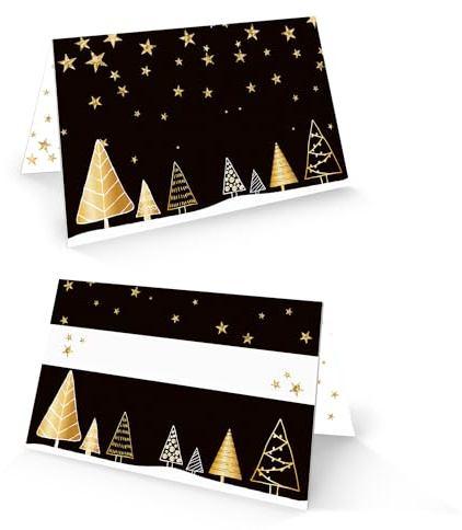 Tischkarten Tannenbaum, 25er Set: Namensschilder Gäste Weihnachten, Namenskärtchen Advent, Festdeko Tisch, Platzkarten zum Beschriften, Sitzplatzkarten, Tischkärtchen Schwarz & Gold, 8,5 x 5,5 cm