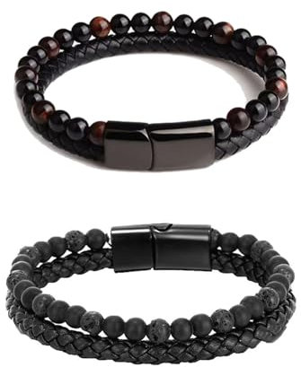 Natürliche Achat Stein Leder Perlen Armband, Herren Lederarmband für Männer Frauen natürliche verstellbare Magnetverschluss Armband, Dad Schmuck für Männer (A-21cm)
