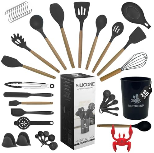 NestBlend Nonstick Black Wooden Kitchen Utensils Set - 38 Pieces Kitchen Utensil Set - Kitchen Gadgets Cookware Set - Cooking Utensils Silicone Kitchen Set - Utensils Set with Holder Heat Resistant.
