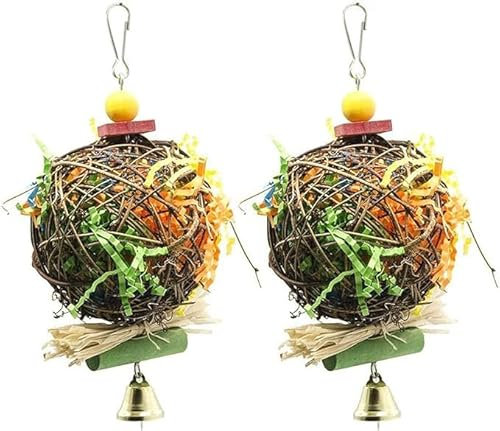 DIXIOUJAI 2er-Pack Vogel-Kauspielzeug, natürliche Sepak-Takraw-Bälle mit Papierstreifen, Futtersuche, Schredder-Spielzeug, Papageienkäfig, hängende Glocke, Spielzeug für Papageien, Wellensittiche