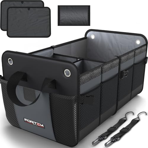 FORTEM Kofferraum Organizer, Kofferraumtasche, Zusammenklappbarer Auto Organizer Kofferraum mit Fächern, Rutschfester Boden, Verstellbare Sicherungsriemen, Klappbarer Deckel (50L) | Autozubehör für Herren und Damen, Kühltasche, rutschfeste Unterseite, Riemen, weiche Abdeckung, 1680D Oxford, 3 Fächer, Grau