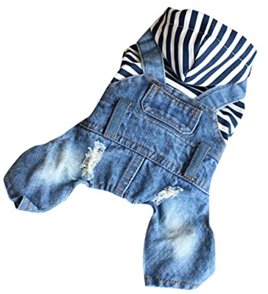 Hundekleidung Jeans Jumpsuit mit Hosenträgern Größe Xs Blau | 1 Stück, für Hund und Haustier, Draußen und Schlafenszeit, Denim Gewebe, Fotos, Alltag