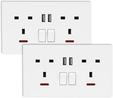 Konesky Double Socket, Switched Socket with Dual USB Charging Ports, White Plastic Electrical Sockets Range Screw Caps Included, 13A 5V DC 2.4A, Round Edge, White