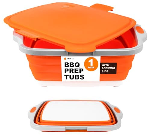 Drip EZ Tina plegable para preparación de barbacoa (V2) – para almacenamiento de alimentos marinados – Incluye tabla de cortar y tapa de bloqueo – (1) JR – naranja