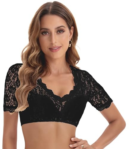 Adisno Dirndl blus dam, Dirndlblus spets, Dirndl-blus, Dirndlblus, Dirndlblus har en elegant V-ringad och sexig spets, svart, 40