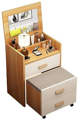 Coiffeuse au design moderne intégré avec miroir réversible haute définition et tabouret de rangement Couleur noyer pour chambre à coucher