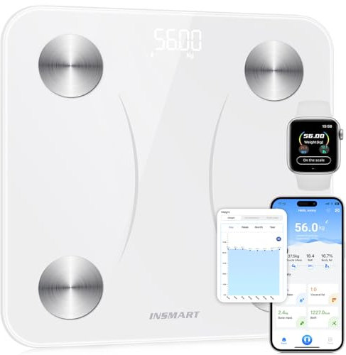 INSMART Waage für Körpergewicht, extra hohe Kapazität, intelligente Personenwaage mit ultrabreiter Plattform, 30,5 x 30,5 cm, Körperfettwaage mit großem LED-Display, Gesundheitsmonitor Sync App/Weiß