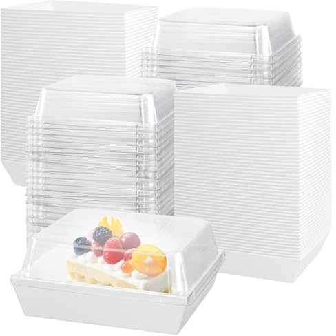 FUNSUEI 100 PCS 11 x 12 x 6.5cm Cake Slice Boxes with Clear Lids, White Charcuterie Boxes, Square Dessert Box for Cake Shop, Swiss Roll, Salad, Cookie, Dessert