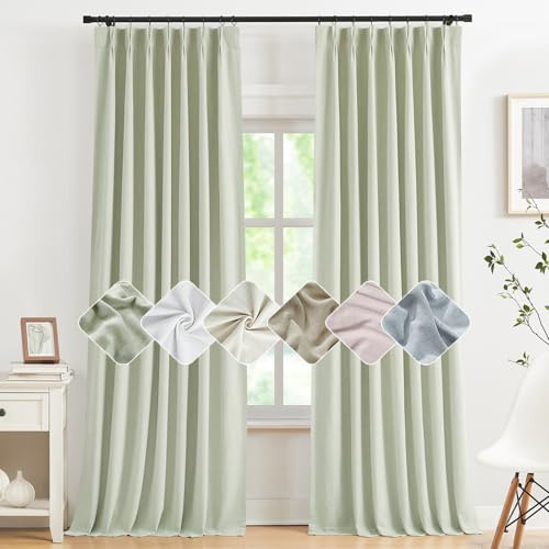 Kayne Studio Soft Green Pinch Pleated Full Blackout Curtains, Linen Blend Room Darkening Thermal Insulated Soundproof Drapes, 95 Inch Back Tab Window Curtains for Living Room Bedroom(2 Panels,40x95)