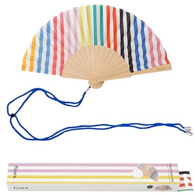 FISURA Ventaglio originale a righe multicolore. Ventaglio in legno moderno e colorato. Mini ventilatore a mano rosa. Gancio incluso. Dimensioni: 34,5 cm x 23 cm, Mini, strisce, Taglia unica