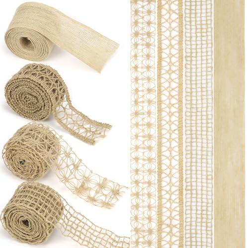 Swpeet 4 rollos de cinta de encaje para manualidades, cinta de malla natural para manualidades, manualidades, rústica, para coronas, arcos, decoración del hogar
