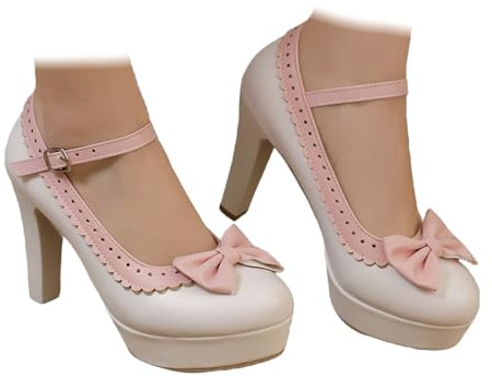 Domstolsskor för damer med rosett patent Mary Jane Heels bayersk retro design pumpar vintage Oktoberfest stil Dirndl skor traditionell tysk ölfestival firande, Vitt, 39.5 EU