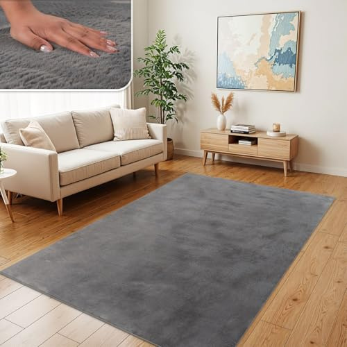 TT Home Wohnzimmer Teppich Hochflor Langflor Kunstfell Weich Modern Unifarben Flauschig, Farbe: Anthrazit, Größe:300x400 cm