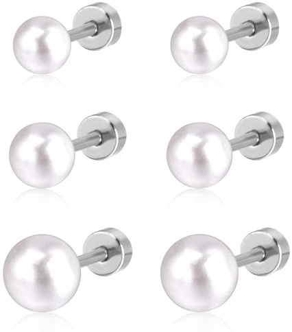 3 Paare Kleine Perlenohrringe Ohrstecker mit Flachen Schraube Zurück, 4mm 6mm 8mm Hypoallergene 316L Chirurgische Edelstahl Perle Knorpel Helix Ohrringe Schmuck für Frauen Mädchen