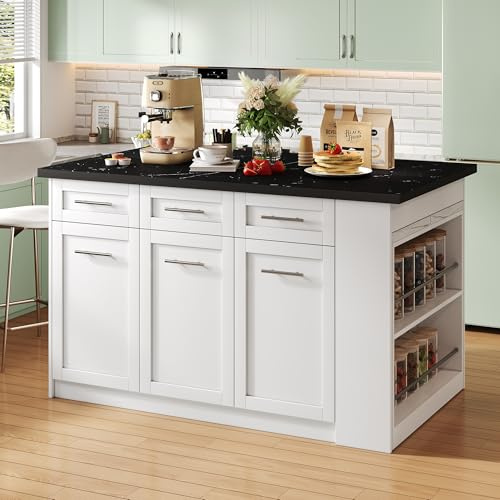 Doyisy Isola da cucina multifunzione con 150 cm+96 cm, tavolo da pranzo allungabile bianco, piano di lavoro in legno marmorizzato nero/bianco, armadietti integrati, ideale per cucine familiari