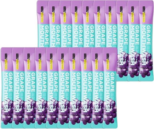 Mouthwash resemunsköljning, uppfriskande minimunsköljning individuellt förpackad, för frisk andedräkt på vägen, kompakt munvård för resor (20 st, druvor)