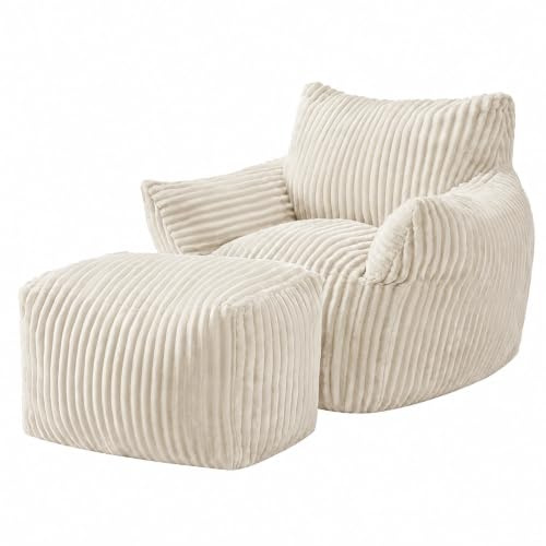 JULY'S SONG Schlafsofas Relaxsessel mit Rückenlehne und Fußstütze, XXL Sitzsack Sessel mit Hocker für Erwachsene, Lazy Sofa, Indoor-Sitzkissen für Schlafzimmer, Wohnzimmer, Wintergarten, Cremeweiß