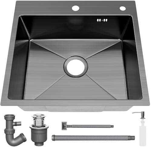 Évier Cuisine 1 Bac 50 x 45 cm, STANEW Évier Encastrable, Trous pour Robinets et Distributeur de Savon,Gris pistolet | Evier Inox avec Filtre de Vidange,Trous pour Robinets et Distributeur de Savon,Petite Cuisine,Camping-car