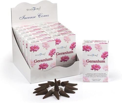 Stamford Geranium Incense Cones 12 Pack Set with JRose Trolley Coin Keychain, Floral Scent, 180 Cones Total for Home Relaxation and Fresh Aroma