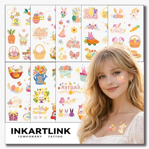 INKARTLINK Easter Temporary Tattoos, 8 Sheets Waterproof Easter Bunny and Egg Tattoo Stickers for Easter Party Favors Supplies (Easter Gold Edition)
