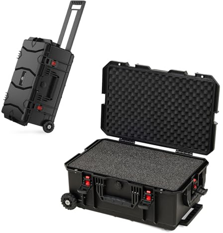 COWVIE Weatherproof Hard Case, Trolley Case with Wheels, Retractable Pull Handle, Easy-Cut Grid Foam, IP67 Waterproof and Dustproof for Camera, Drones and Gear 55 x 35 x 22 cm, Black