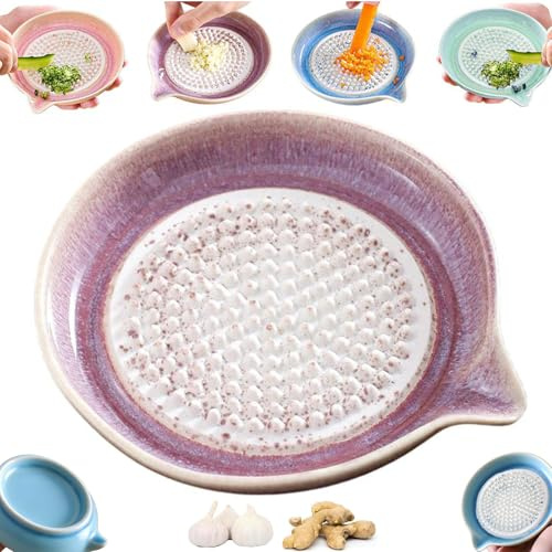 Ceramic Grater Plate - Gradient Porcelain Garlic Grater and Ginger Grinder Dish with Spout | Handheld Kitchen Tool for Cheese, Chocolate, Fruits & Veg | Easy to Clean, Compact 12cm Size