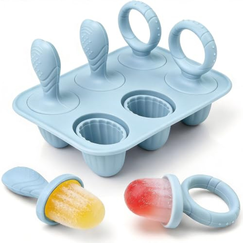Aonveki Eisformen Silikon für Kinder, 6 Mulden Mini Baby Eisformen Eis am Stiel mit Beißring Stiel für Kleine Hände, BPA-Frei Eisförmchen, Selber Machen Dessertform