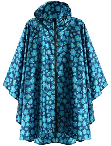ANYOO Léger Imperméable Respirant Ripstop Poncho avec capuchon pour les activités de plein air,Blue Flower,Taille unique