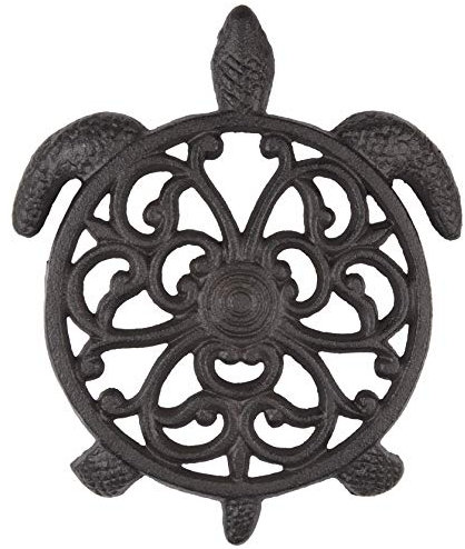 gasaré, Dessous de plat en fonte pour plats chauds, casseroles et poêles, dessous de plat en métal, motif tortue de mer, capuchons en caoutchouc, anneau de suspension, 21,6 x 17,8 cm, marron, 1 unité